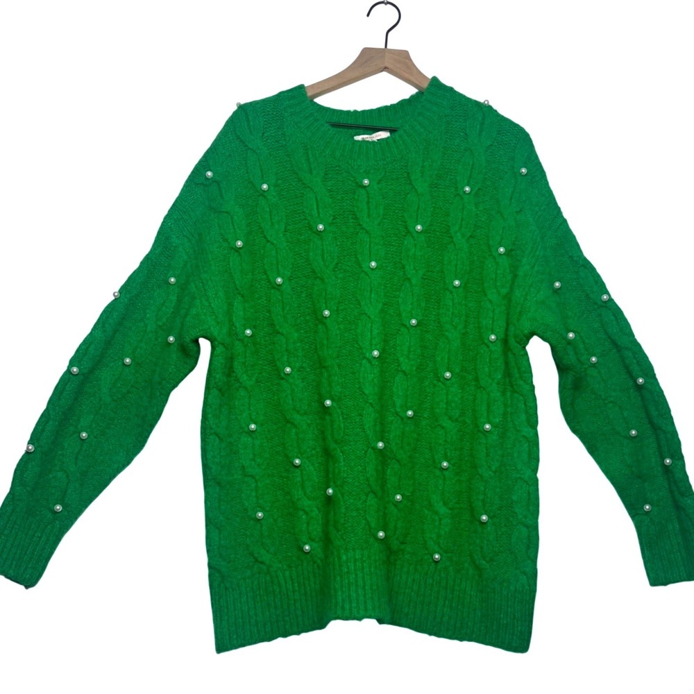 Skies Are Blue Green Cable Knit Wool Blend Pearl Embellished‎ Sweater Medium
